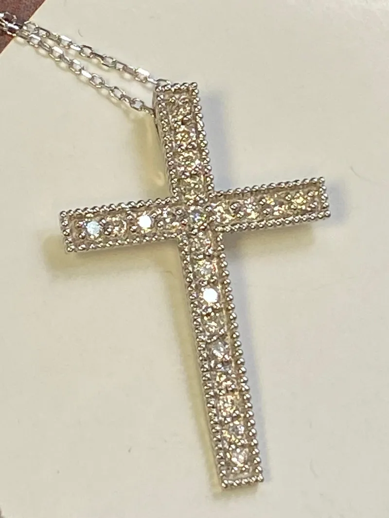 0.35 Carat Natural Diamond Cross Pendant Necklace 14K White Gold G SI 18'' chain