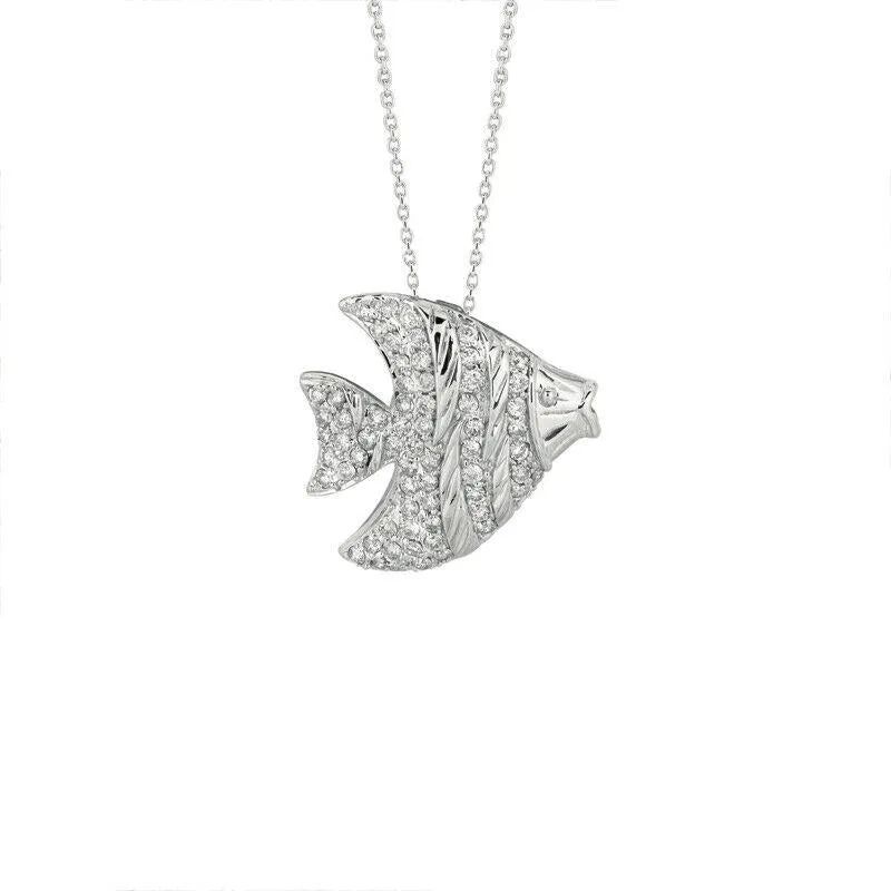 0.64 Carat Natural Diamond Fish Pendant Necklace 14K White Gold 18'' chain