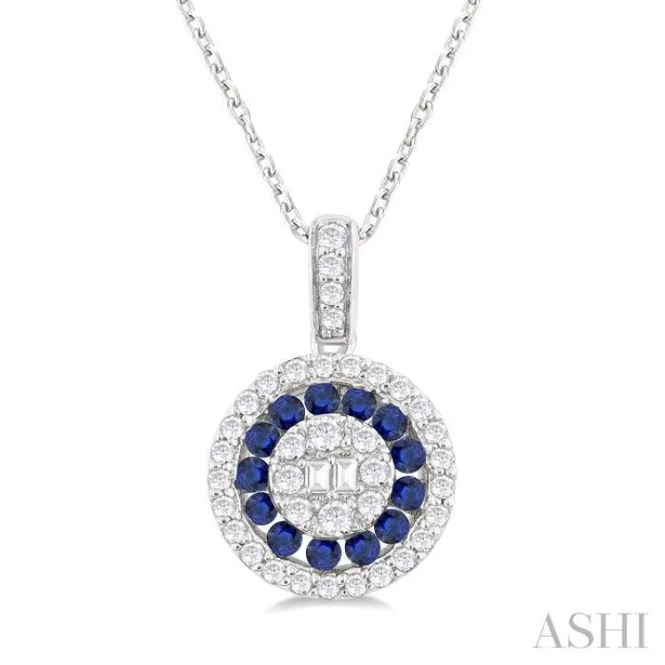 1.35 MM Round Shape Sapphire and 1/4 ctw Baguette and Round Cut Diamond Precious Pendant With Chain in 14K White Gold