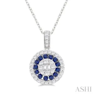 1.35 MM Round Shape Sapphire and 1/4 ctw Baguette and Round Cut Diamond Precious Pendant With Chain in 14K White Gold