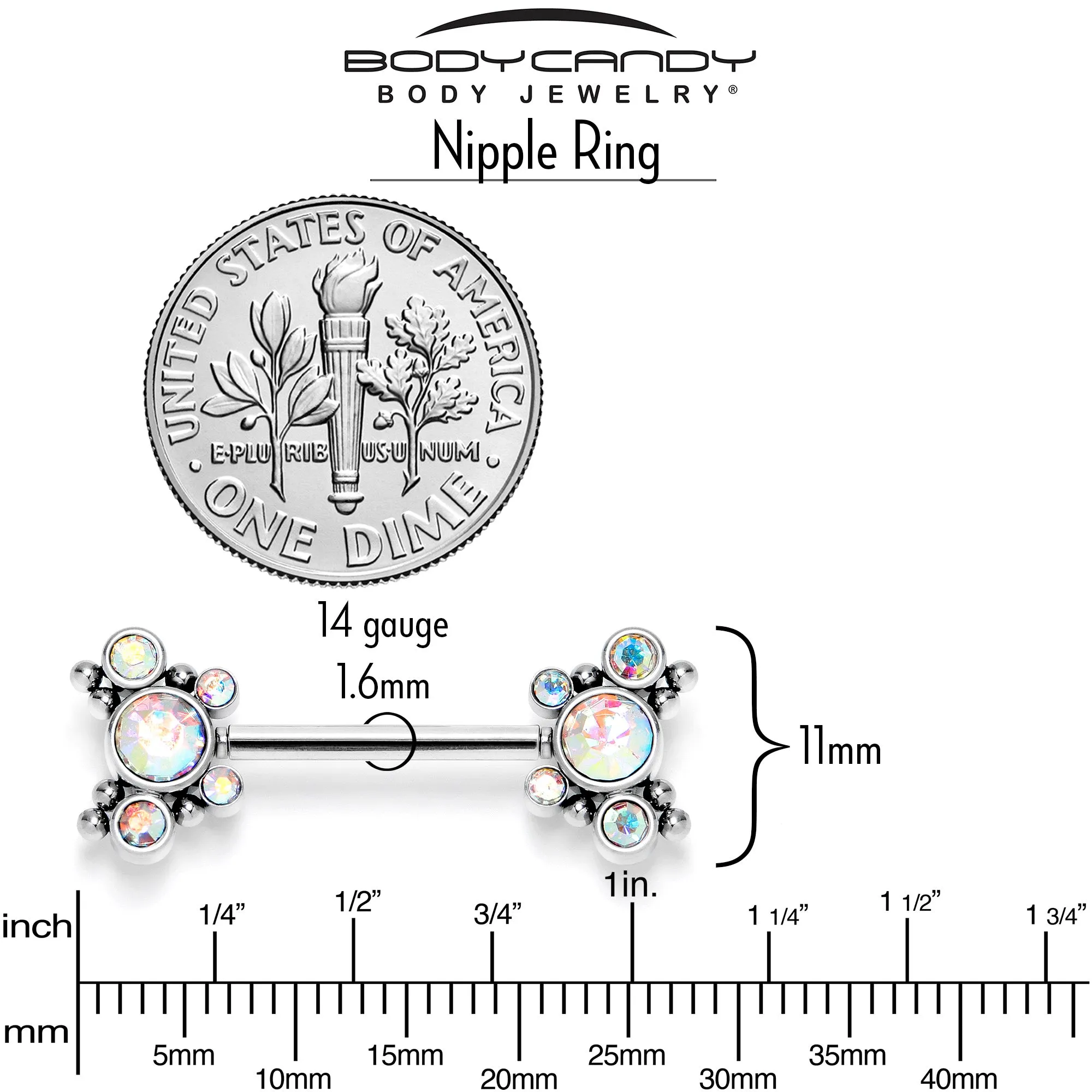 14 Gauge 9/16 Aurora CZ Gem Circles Threadless Barbell Nipple Ring Set