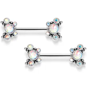 14 Gauge 9/16 Aurora CZ Gem Circles Threadless Barbell Nipple Ring Set