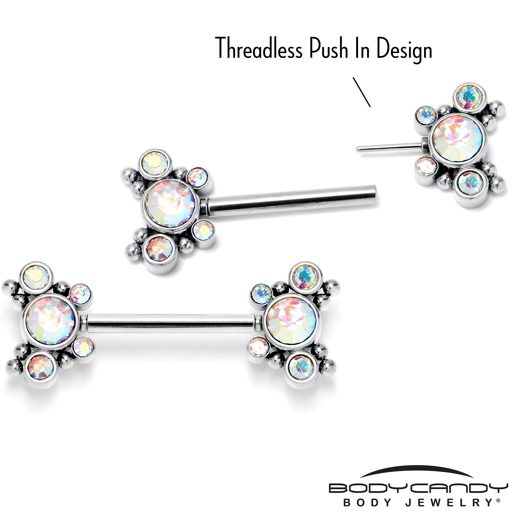 14 Gauge 9/16 Aurora CZ Gem Circles Threadless Barbell Nipple Ring Set
