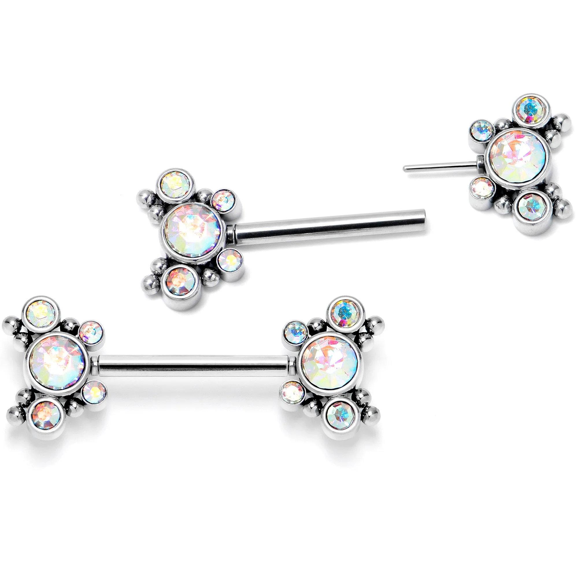 14 Gauge 9/16 Aurora CZ Gem Circles Threadless Barbell Nipple Ring Set