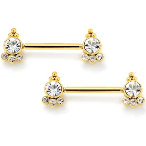 14 Gauge 9/16 Clear CZ Gem Gold Tone Style Threadless Nipple Ring Set