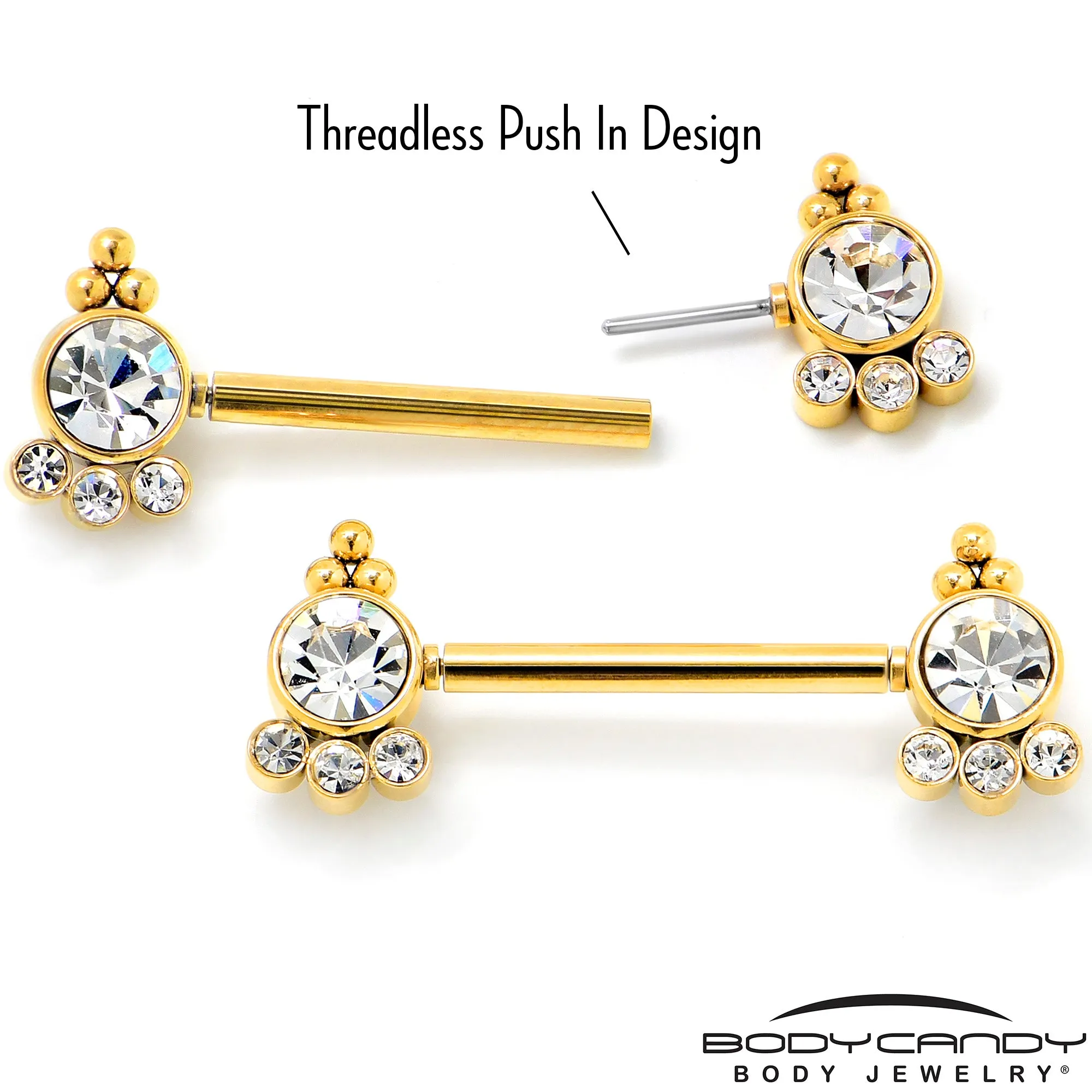 14 Gauge 9/16 Clear CZ Gem Gold Tone Style Threadless Nipple Ring Set
