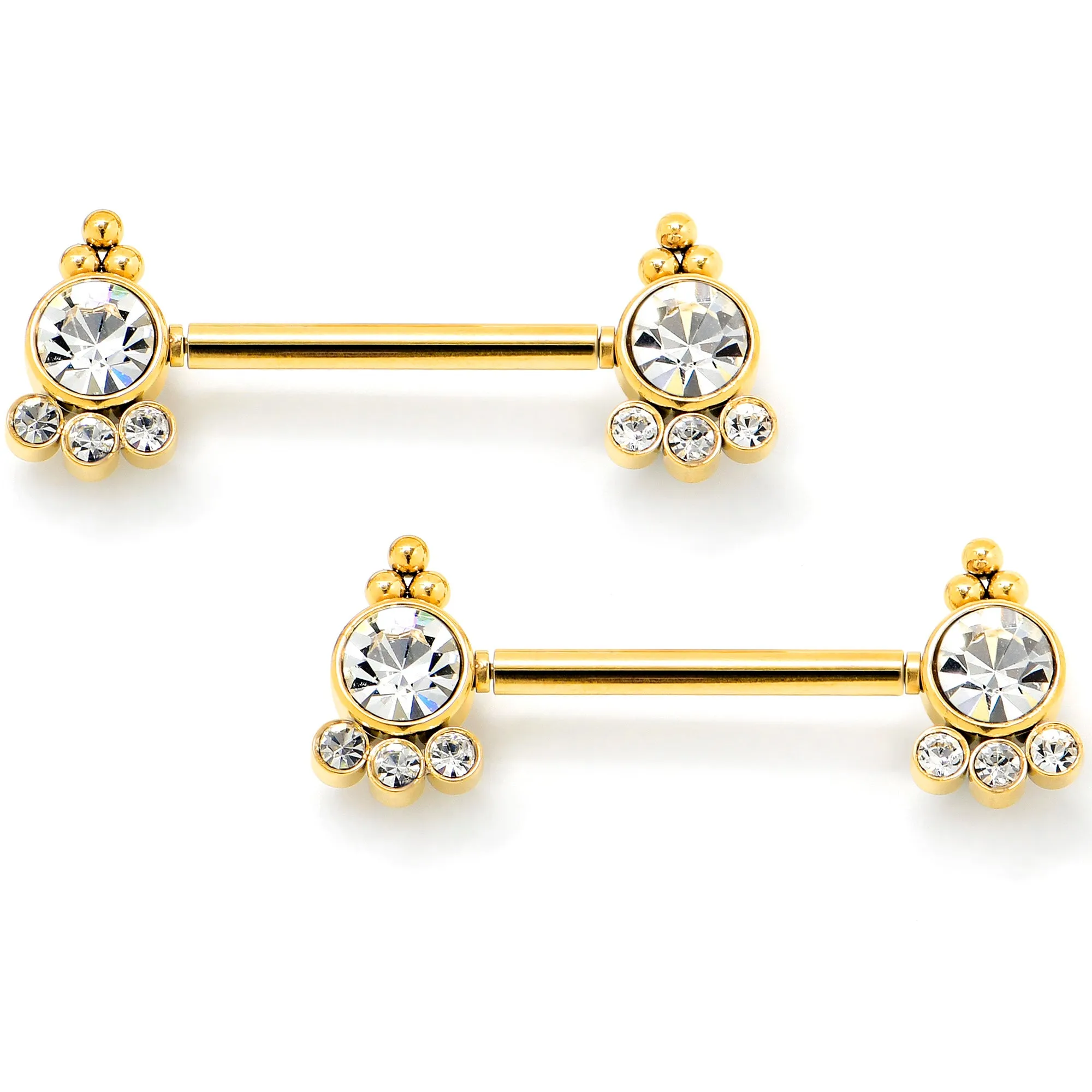14 Gauge 9/16 Clear CZ Gem Gold Tone Style Threadless Nipple Ring Set