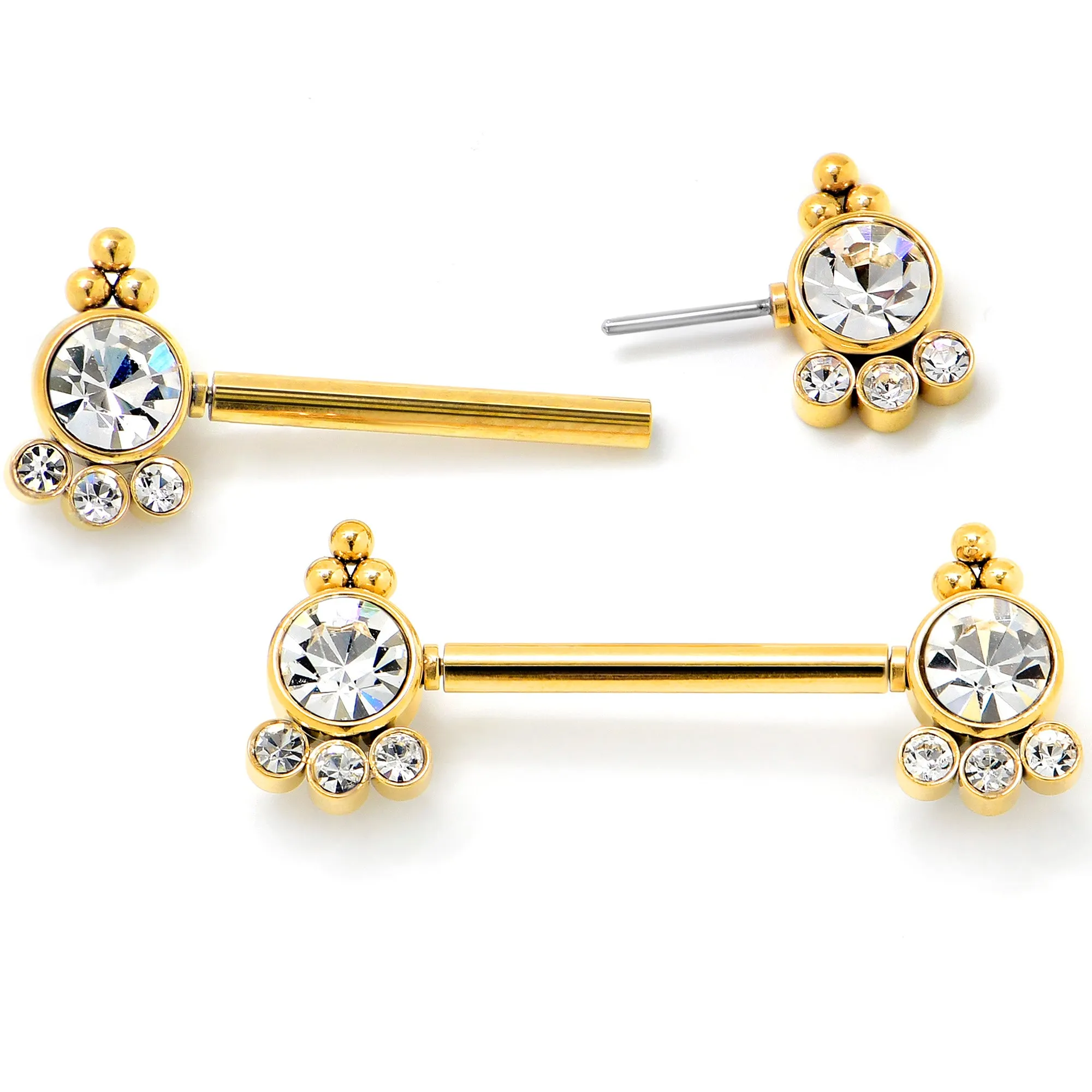 14 Gauge 9/16 Clear CZ Gem Gold Tone Style Threadless Nipple Ring Set