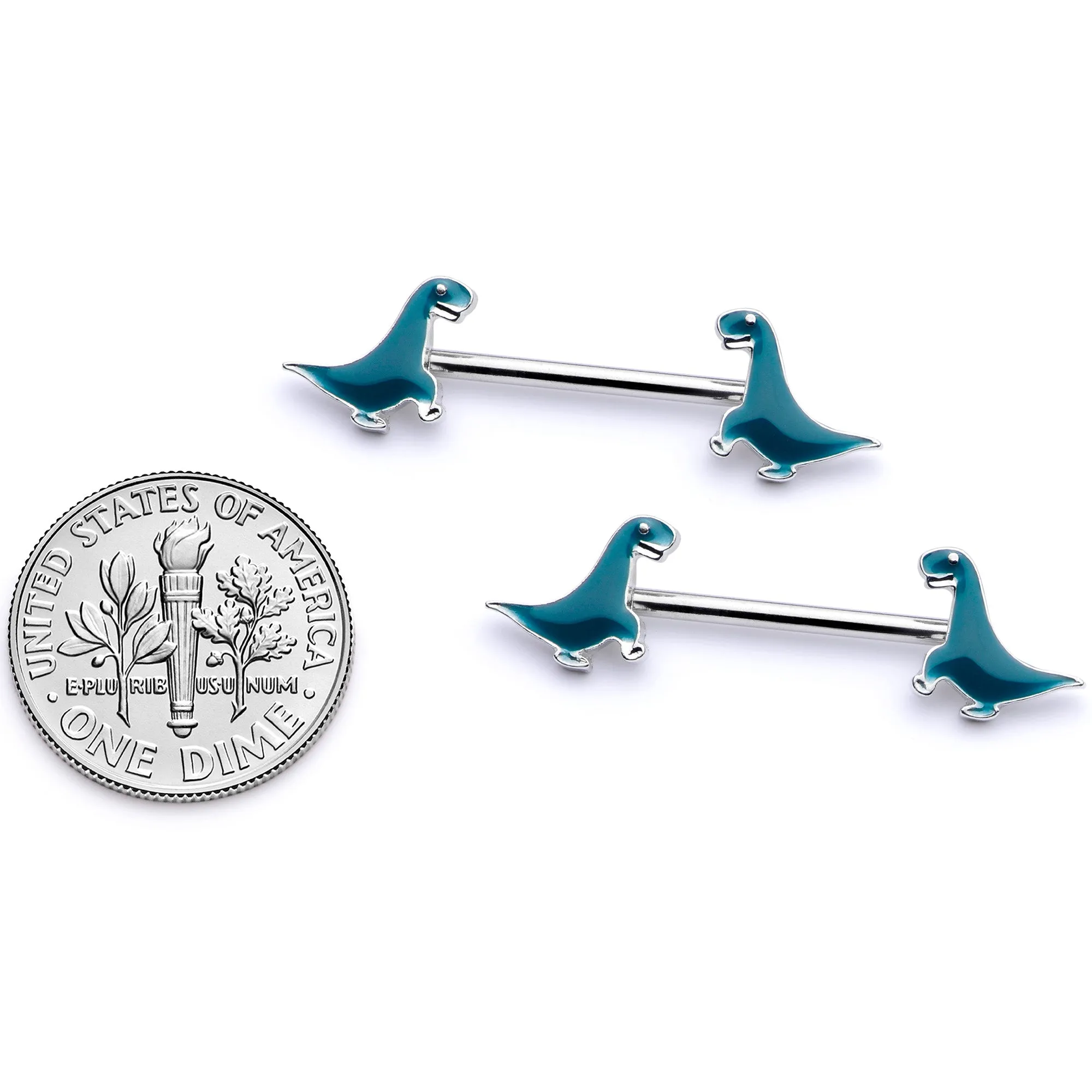 14 Gauge 9/16 Darling Green Dinosaur Barbell Nipple Ring Set