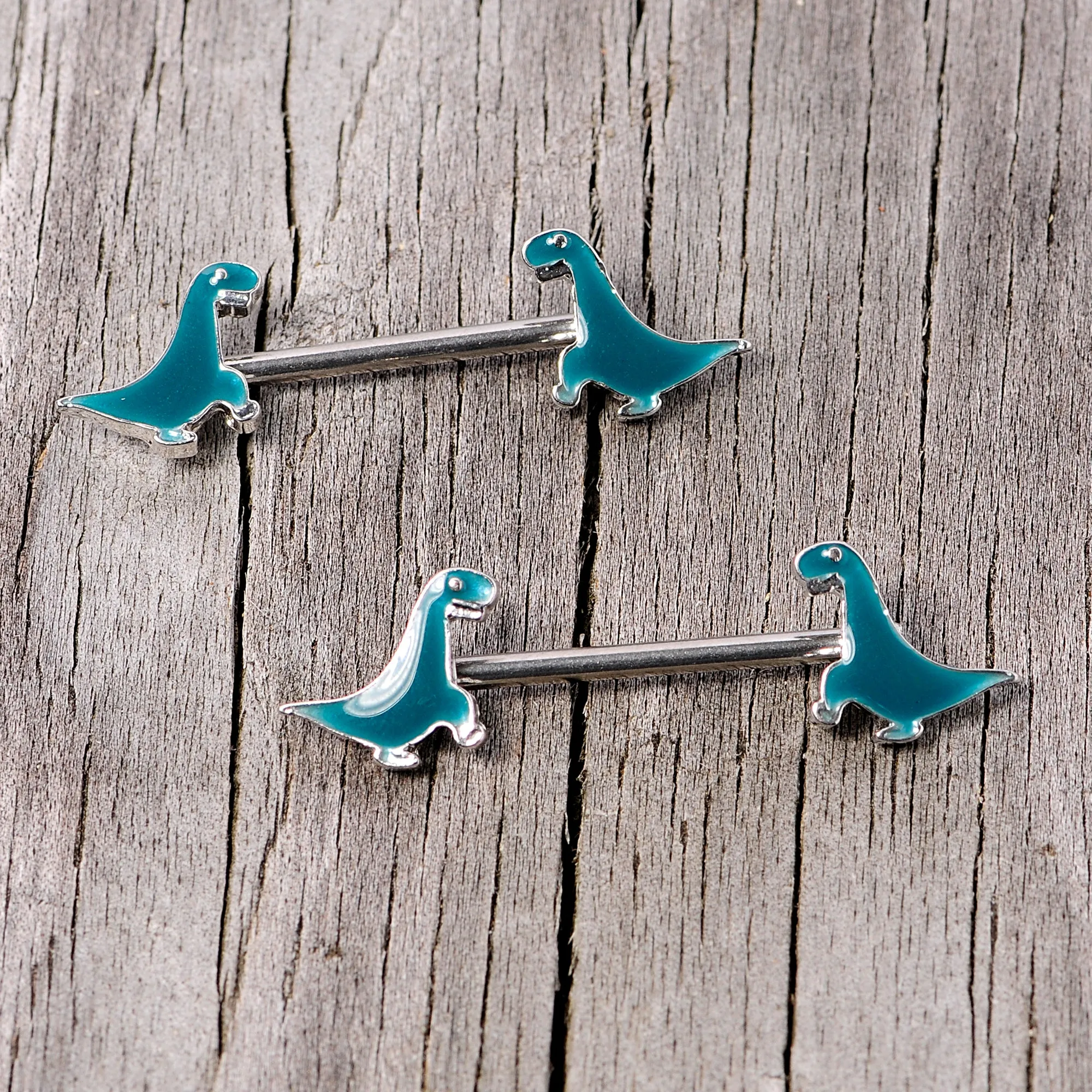 14 Gauge 9/16 Darling Green Dinosaur Barbell Nipple Ring Set