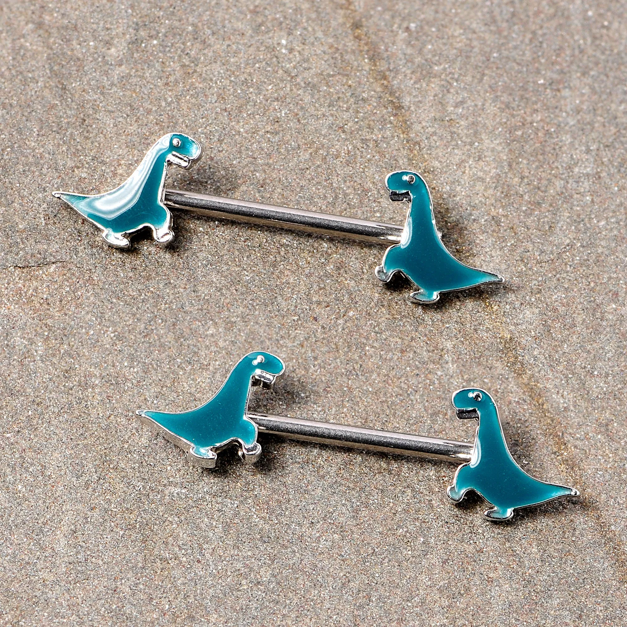 14 Gauge 9/16 Darling Green Dinosaur Barbell Nipple Ring Set