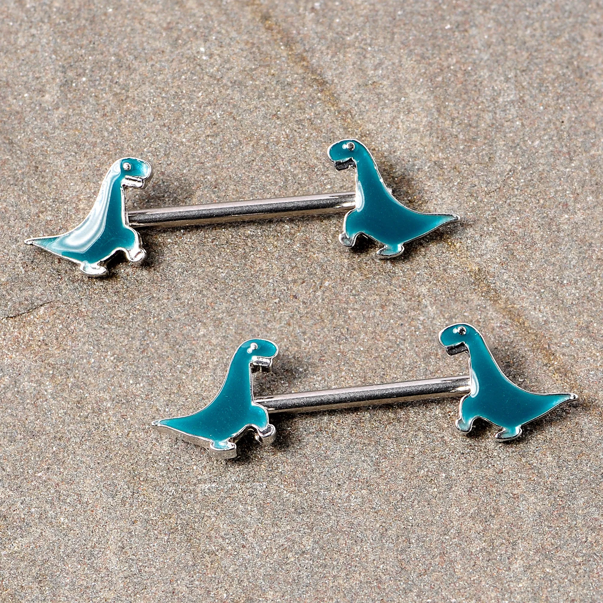 14 Gauge 9/16 Darling Green Dinosaur Barbell Nipple Ring Set