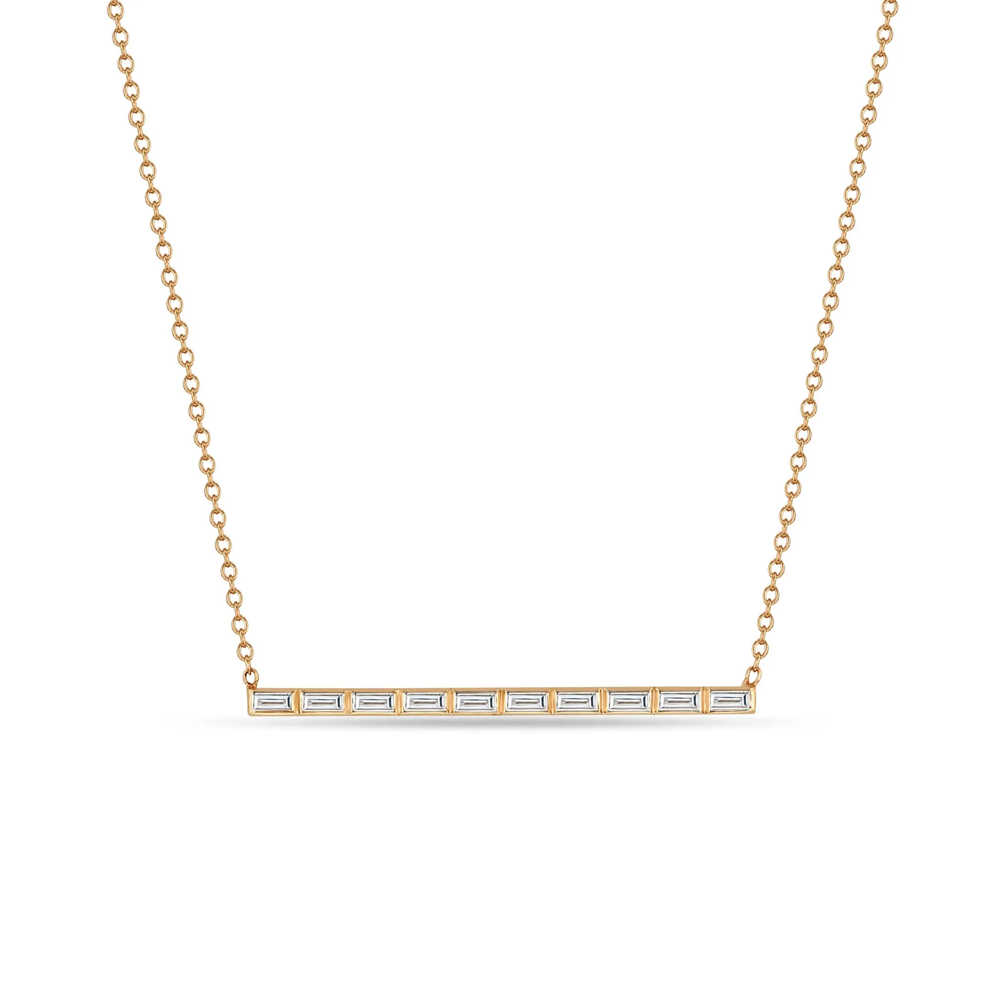 14k 10 Channel Set Baguette Diamond Bar Pendant Necklace