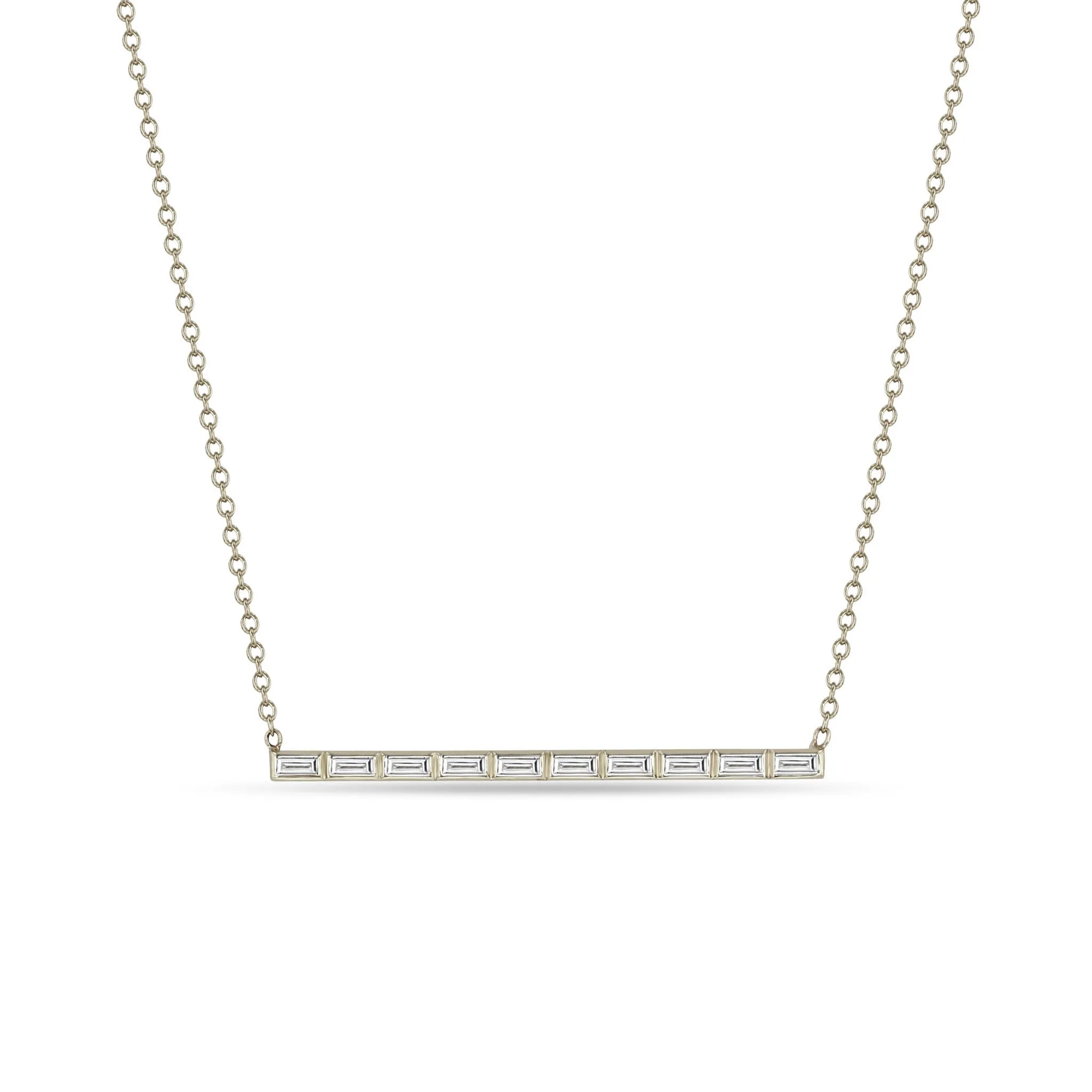 14k 10 Channel Set Baguette Diamond Bar Pendant Necklace