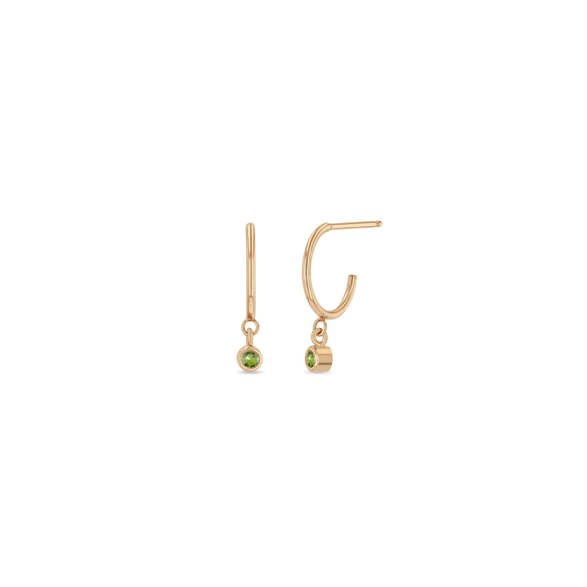 14k Dangling Peridot Huggie Hoops | August Birthstone