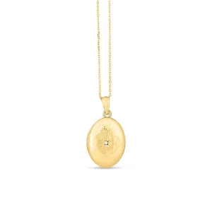 14K Gold And Diamond Etched Oval Locket Necklace