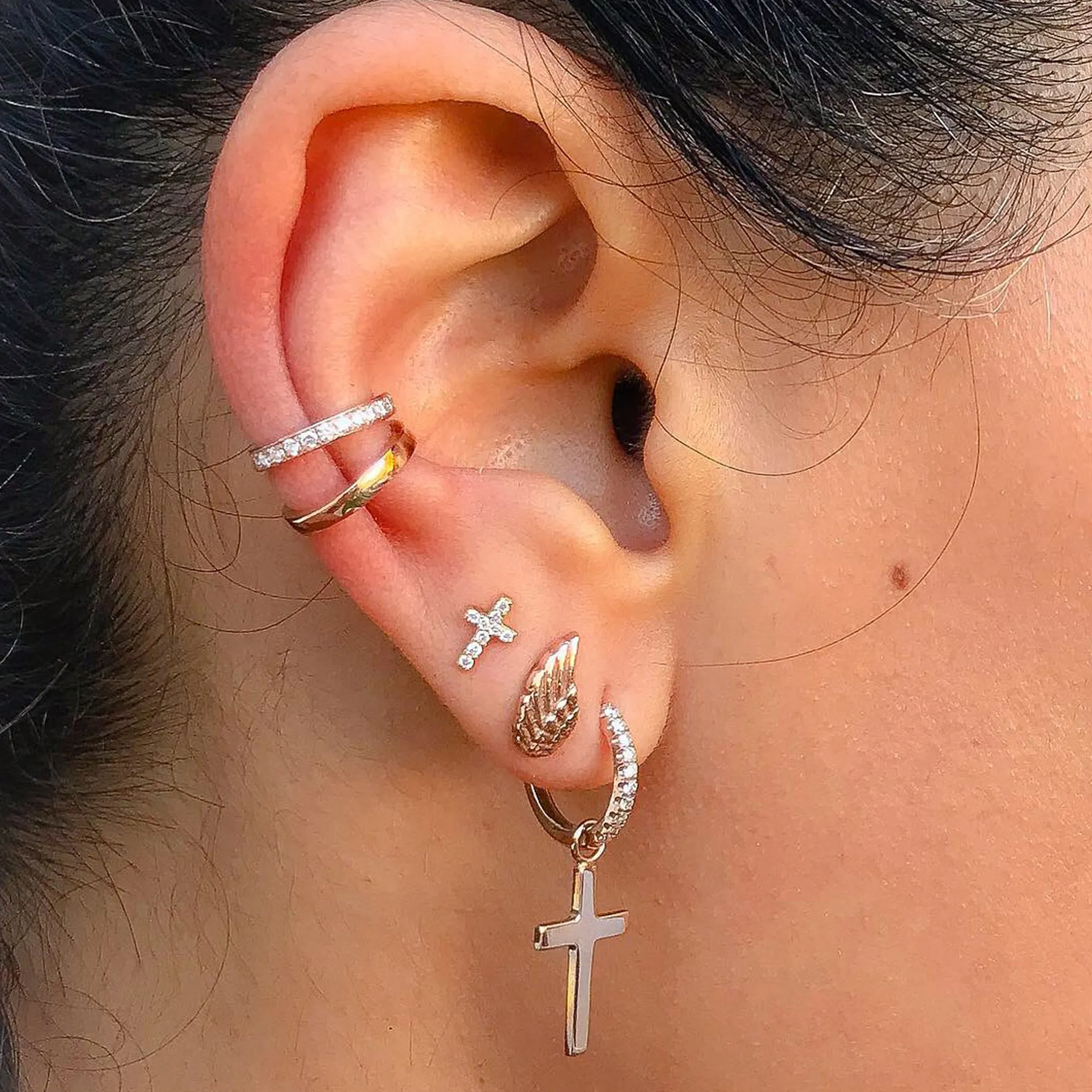 14K Gold Cross Charm Dangle Huggie Hoop Earrings