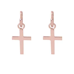 14K Gold Cross Charm Dangle Huggie Hoop Earrings