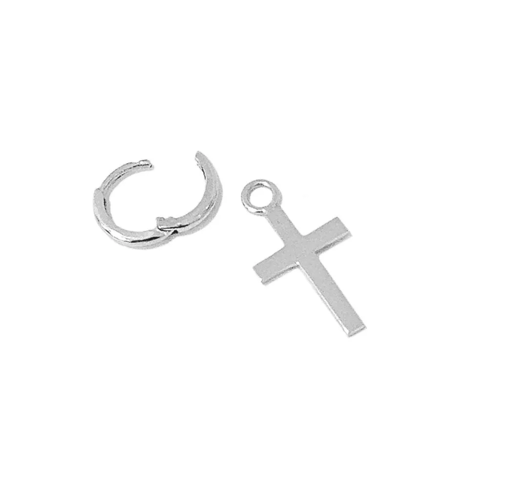 14K Gold Cross Charm Dangle Huggie Hoop Earrings