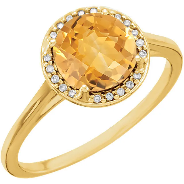 14k Gold Genuine 8mm Round Citrine & .05 CTW Diamond Halo Ring