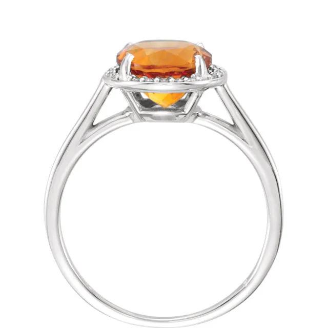 14k Gold Genuine 8mm Round Citrine & .05 CTW Diamond Halo Ring