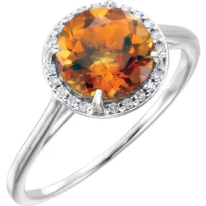 14k Gold Genuine 8mm Round Citrine & .05 CTW Diamond Halo Ring