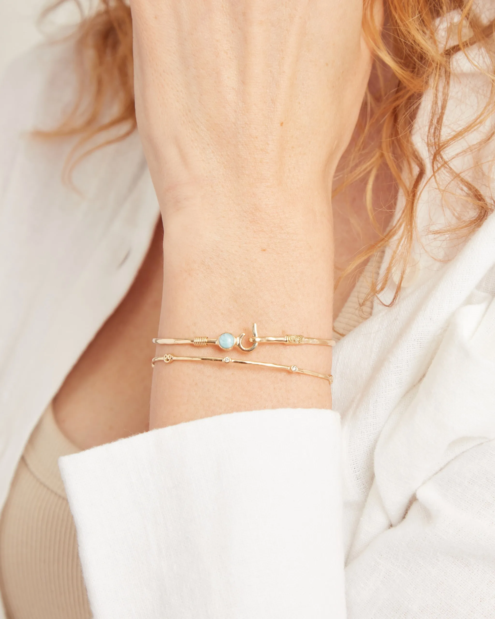 14K Gold St. John Hook Bracelet with Stone, 2mm - Larimar