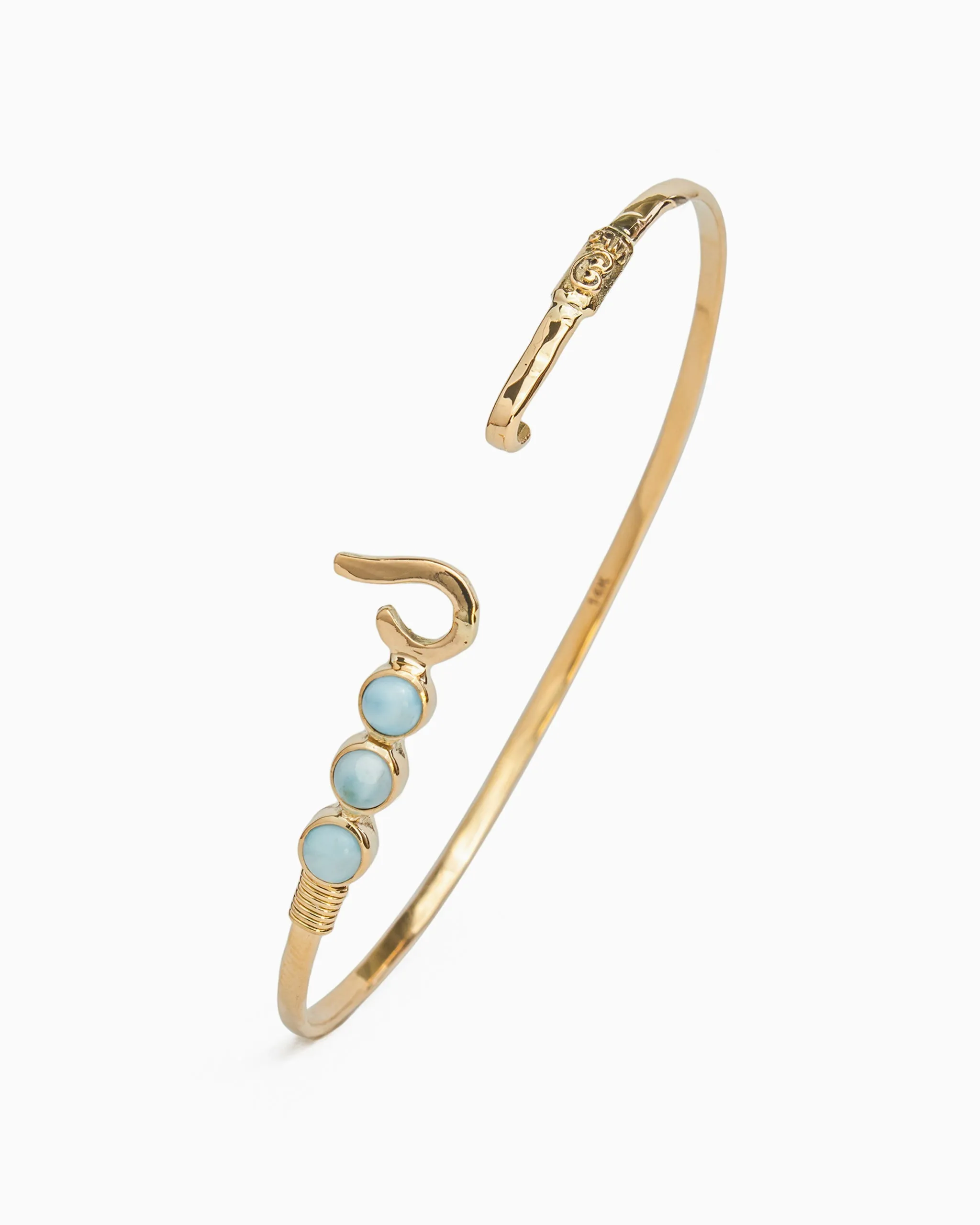14K Gold St. John Hook Bracelet with Triple Stones, 2mm - Larimar