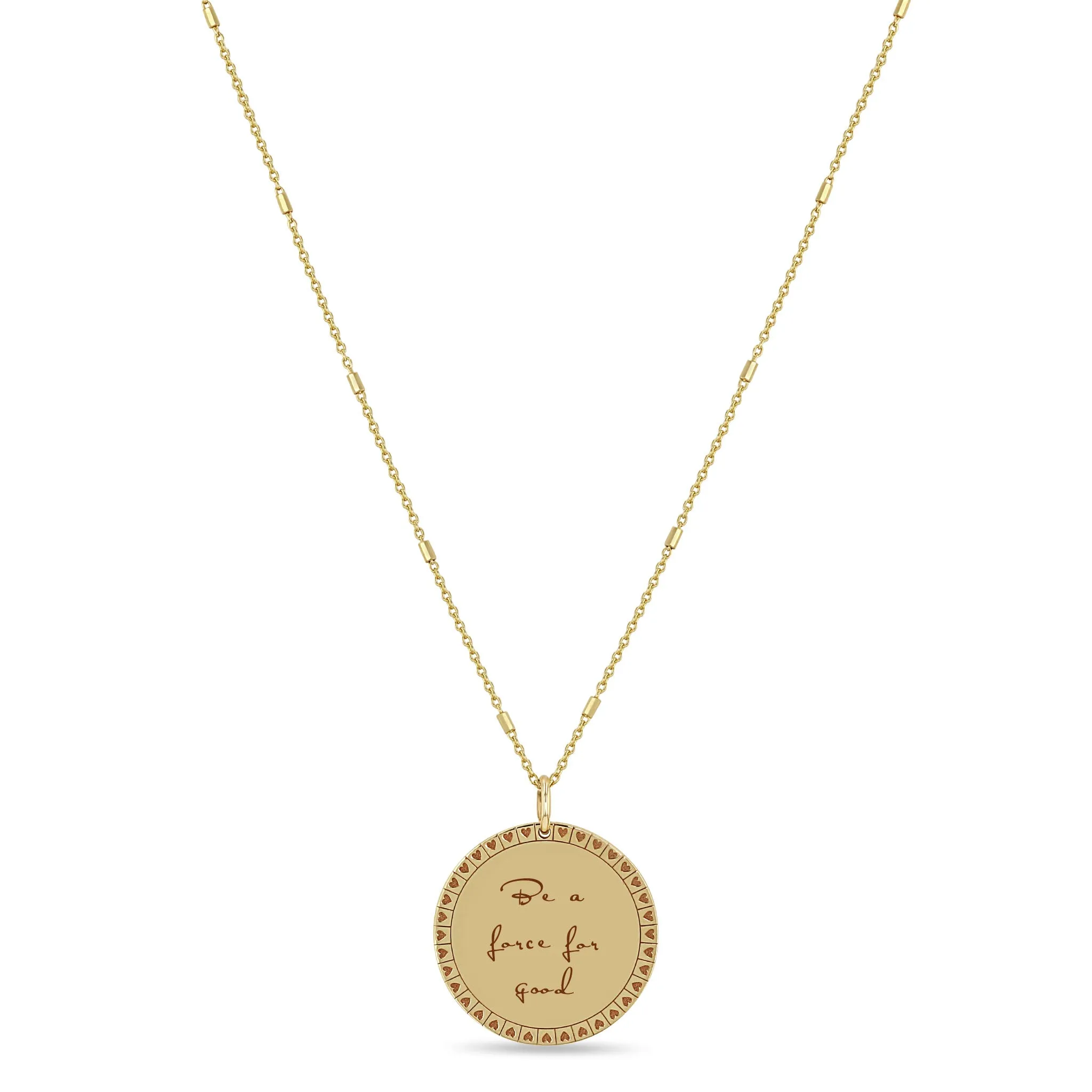14k Medium Mantra with Heart Border Bar & Cable Chain Necklace