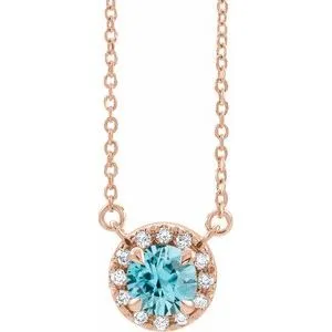14K Rose 3 mm Natural Blue Zircon & .03 CTW Natural Diamond 18" Necklace