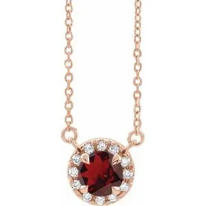 14K Rose 6.5 mm Natural Mozambique Garnet & 1/6 CTW Natural Diamond 18" Necklace
