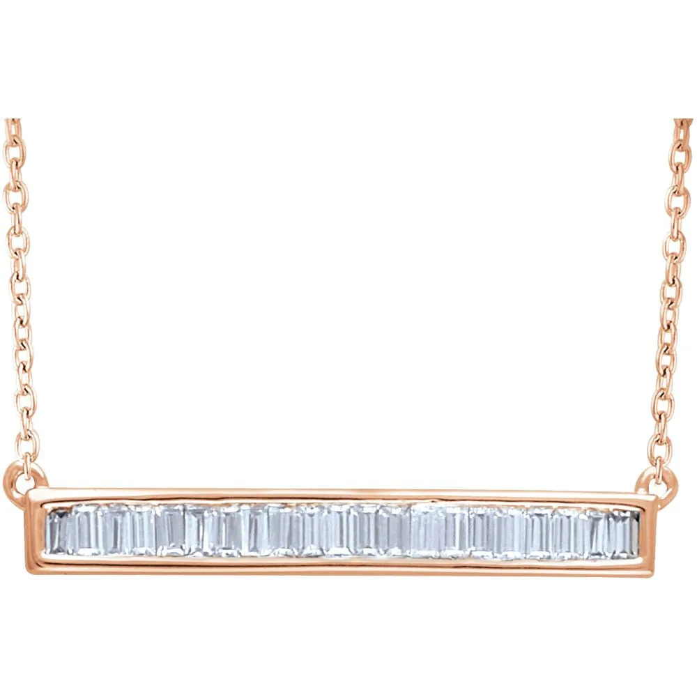 14k Rose Gold 1/2 CTW Diamond Baguette Bar 16-18" Necklace