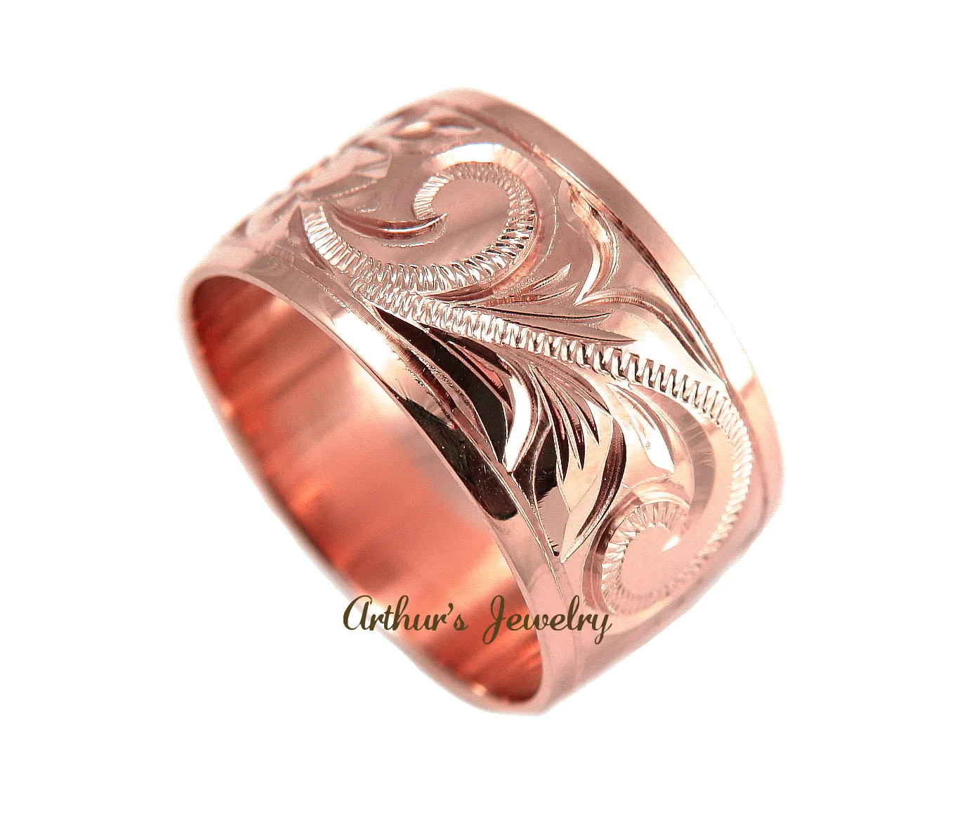 14K ROSE GOLD HAND ENGRAVE HAWAIIAN PLUMERIA SCROLL BAND RING SMOOTH EDGE 12MM
