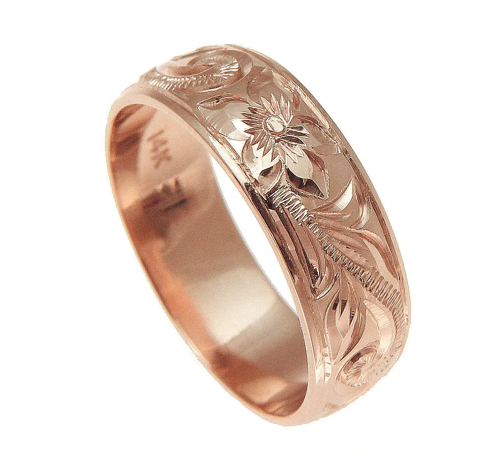 14K ROSE GOLD HAND ENGRAVED HAWAIIAN PLUMERIA SCROLL BAND RING SMOOTH EDGE 8MM
