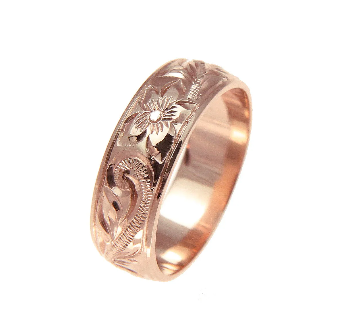 14K ROSE GOLD HAND ENGRAVED HAWAIIAN PLUMERIA SCROLL BAND RING SMOOTH EDGE 8MM