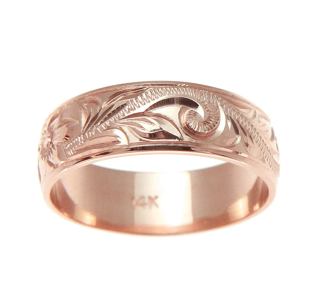 14K ROSE GOLD HAND ENGRAVED HAWAIIAN PLUMERIA SCROLL BAND RING SMOOTH EDGE 8MM