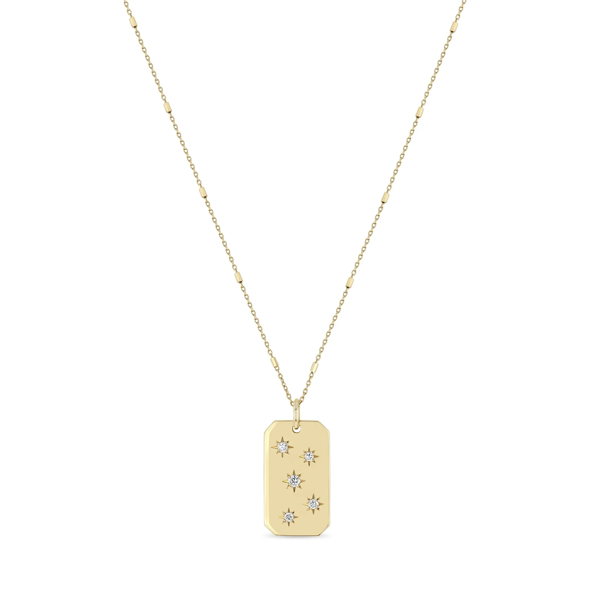 14k Scattered Star Set Diamonds Square Edge Dog Tag Necklace