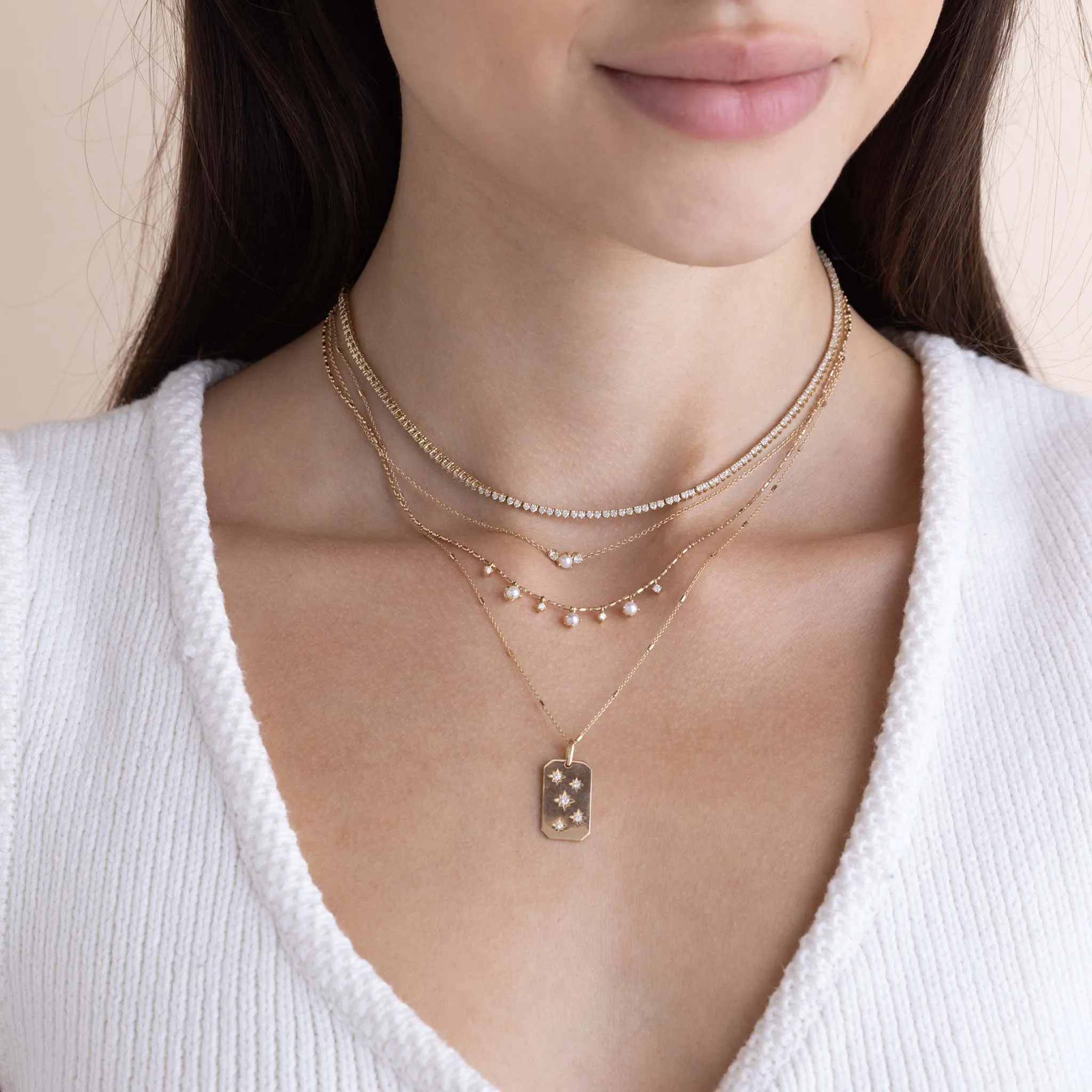 14k Scattered Star Set Diamonds Square Edge Dog Tag Necklace