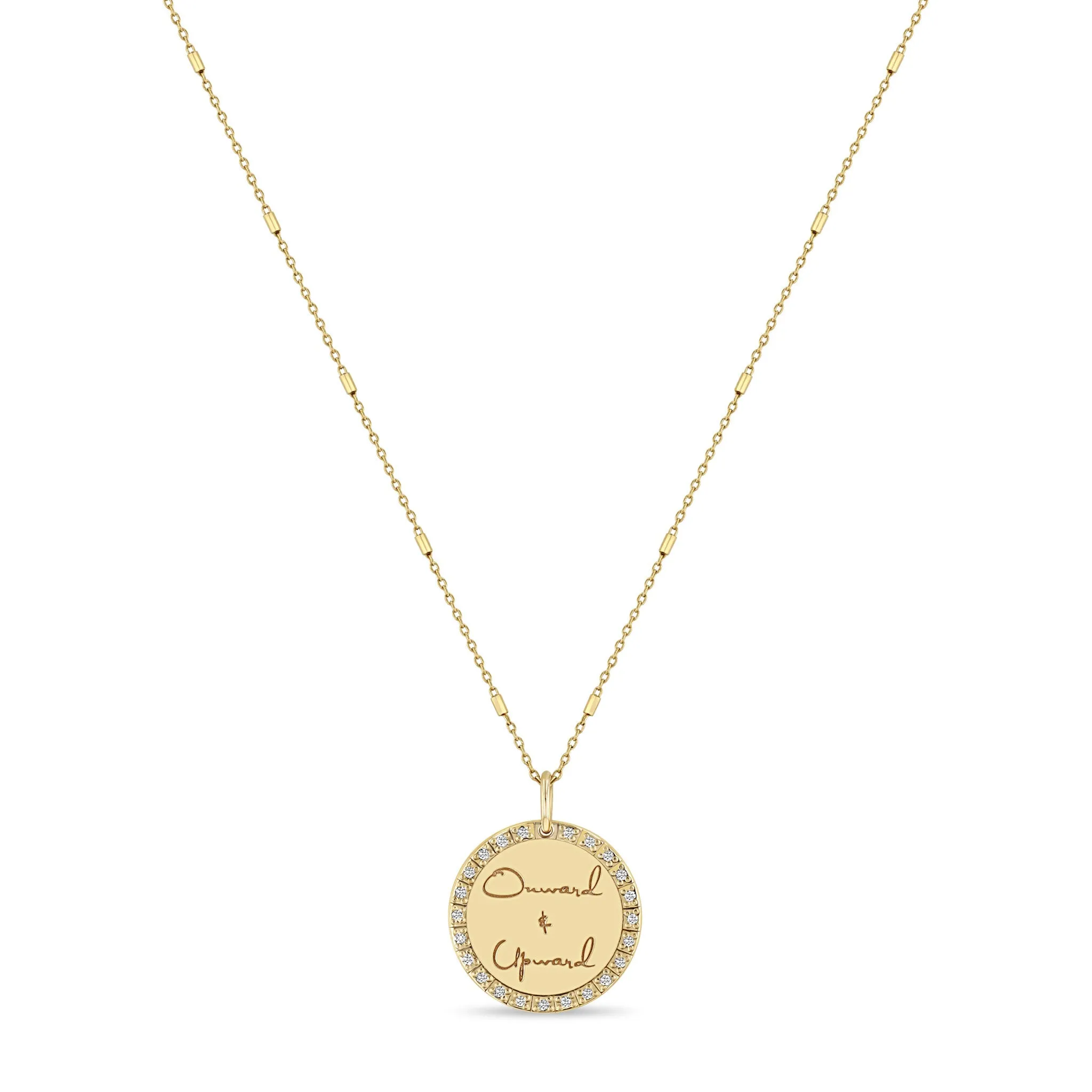 14k Small Mantra Diamond Border Necklace on Tiny Bar & Cable Chain