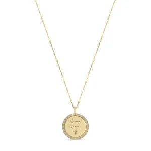 14k Small Mantra Diamond Border Necklace on Tiny Bar & Cable Chain