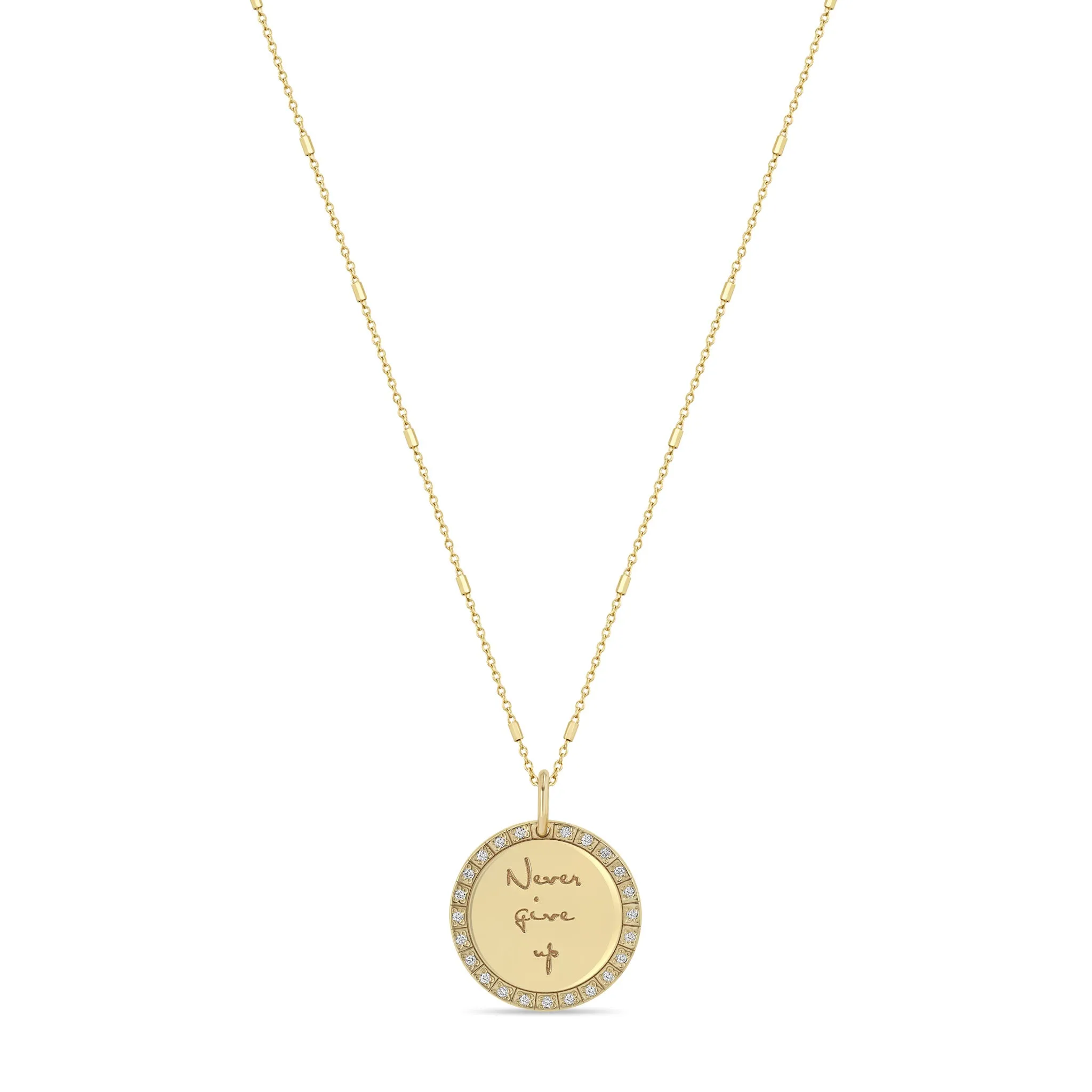 14k Small Mantra Diamond Border Necklace on Tiny Bar & Cable Chain