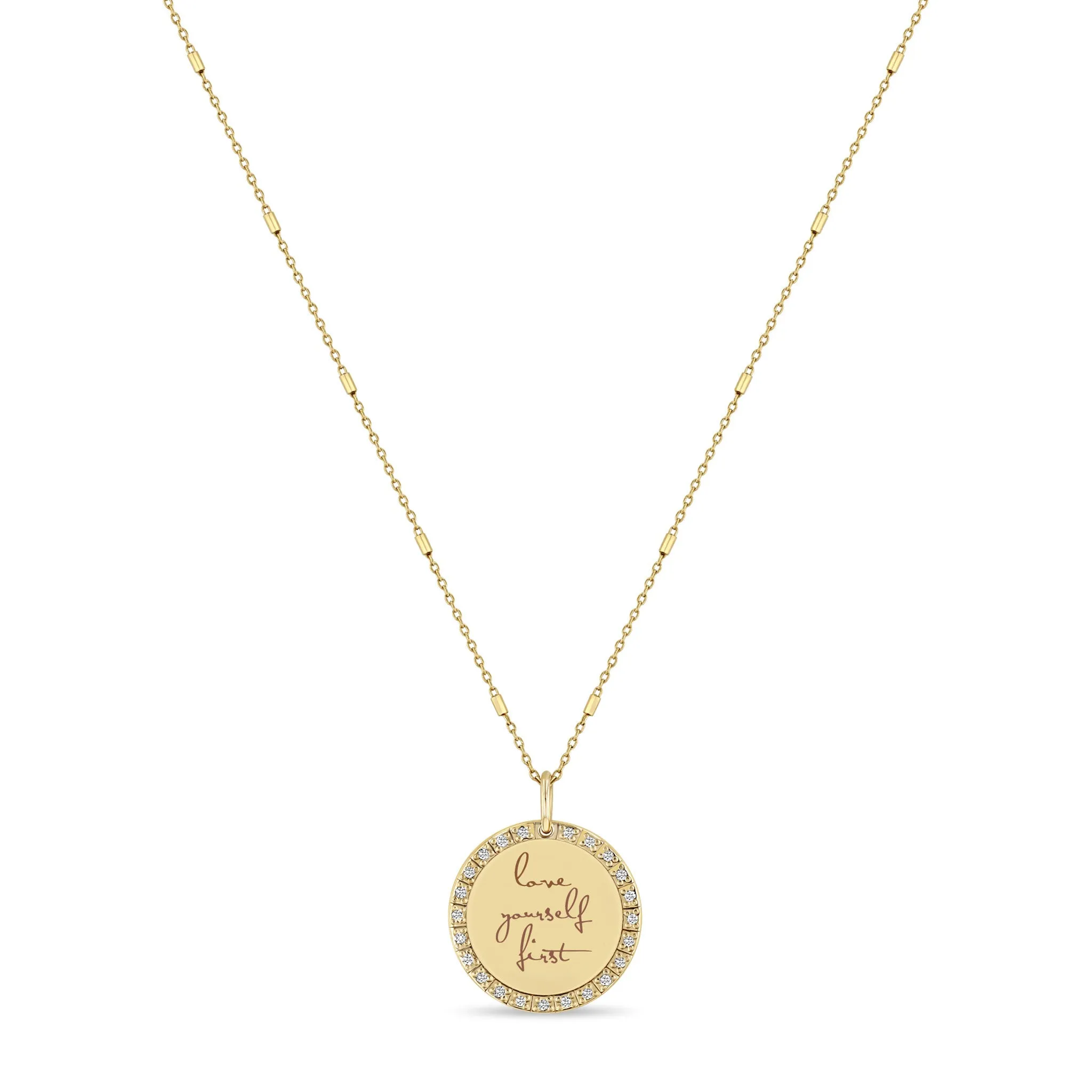 14k Small Mantra Diamond Border Necklace on Tiny Bar & Cable Chain