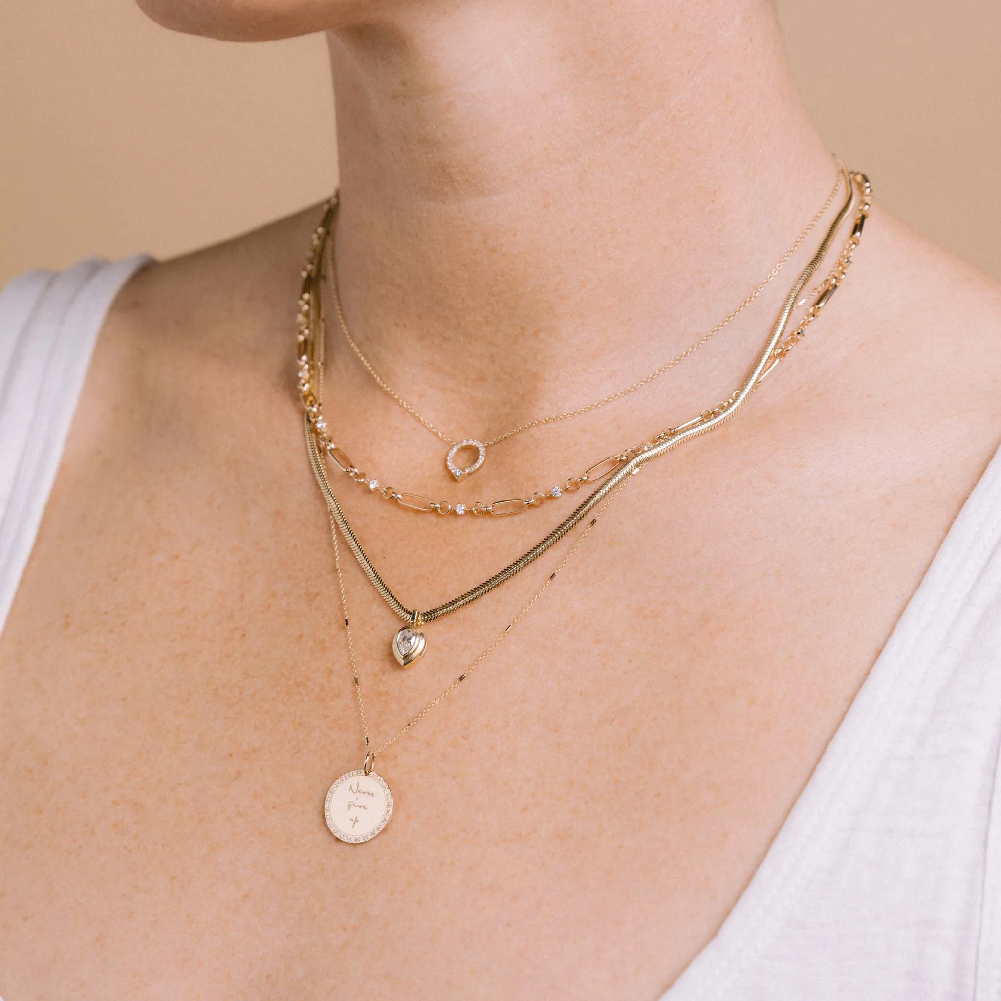 14k Small Mantra Diamond Border Necklace on Tiny Bar & Cable Chain