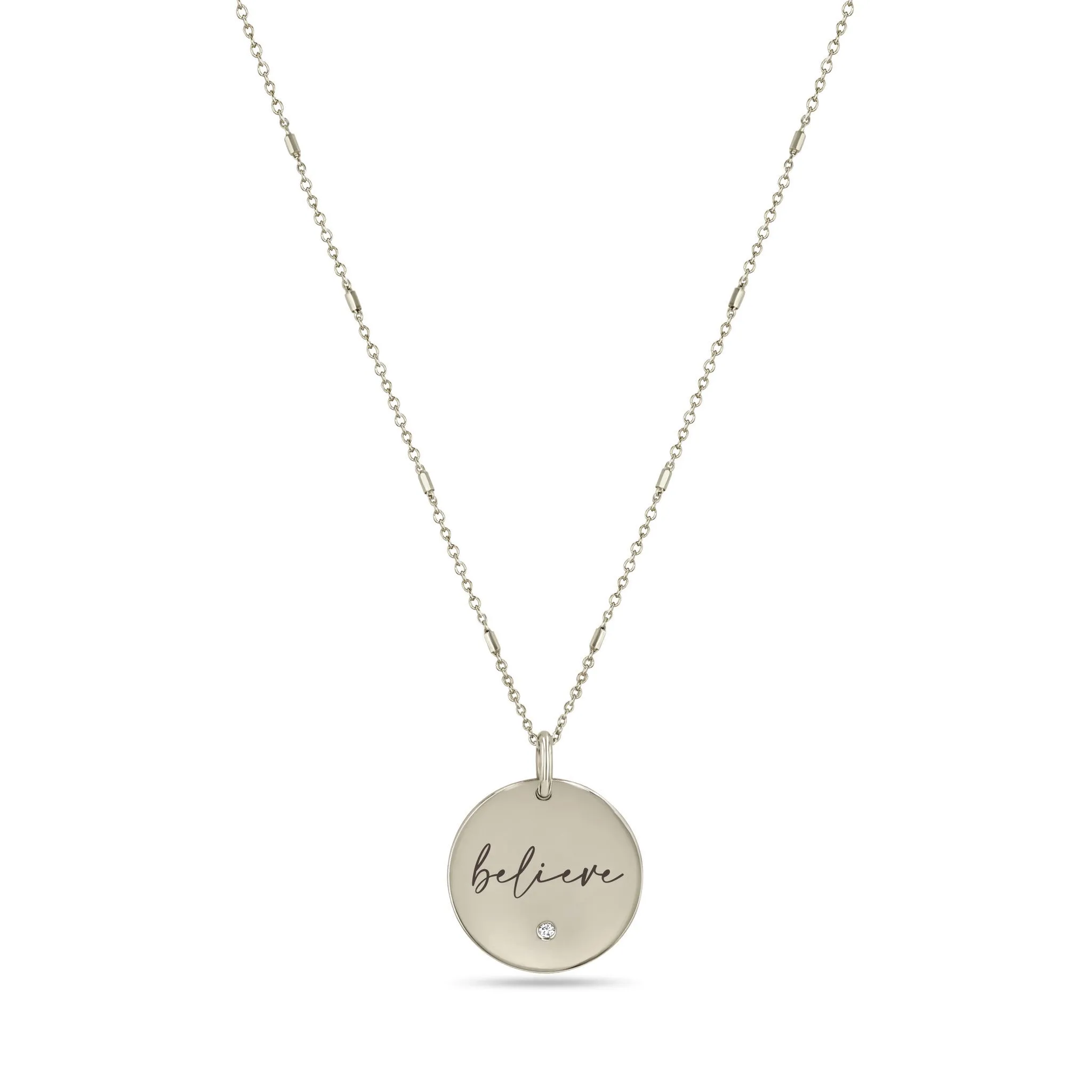 14k Small "believe" Disc Pendant on Bar & Cable Chain Necklace