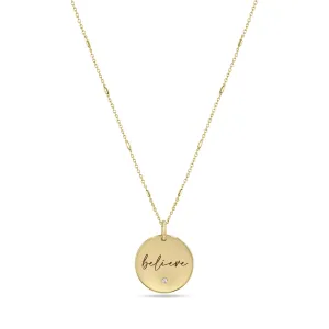 14k Small "believe" Disc Pendant on Bar & Cable Chain Necklace