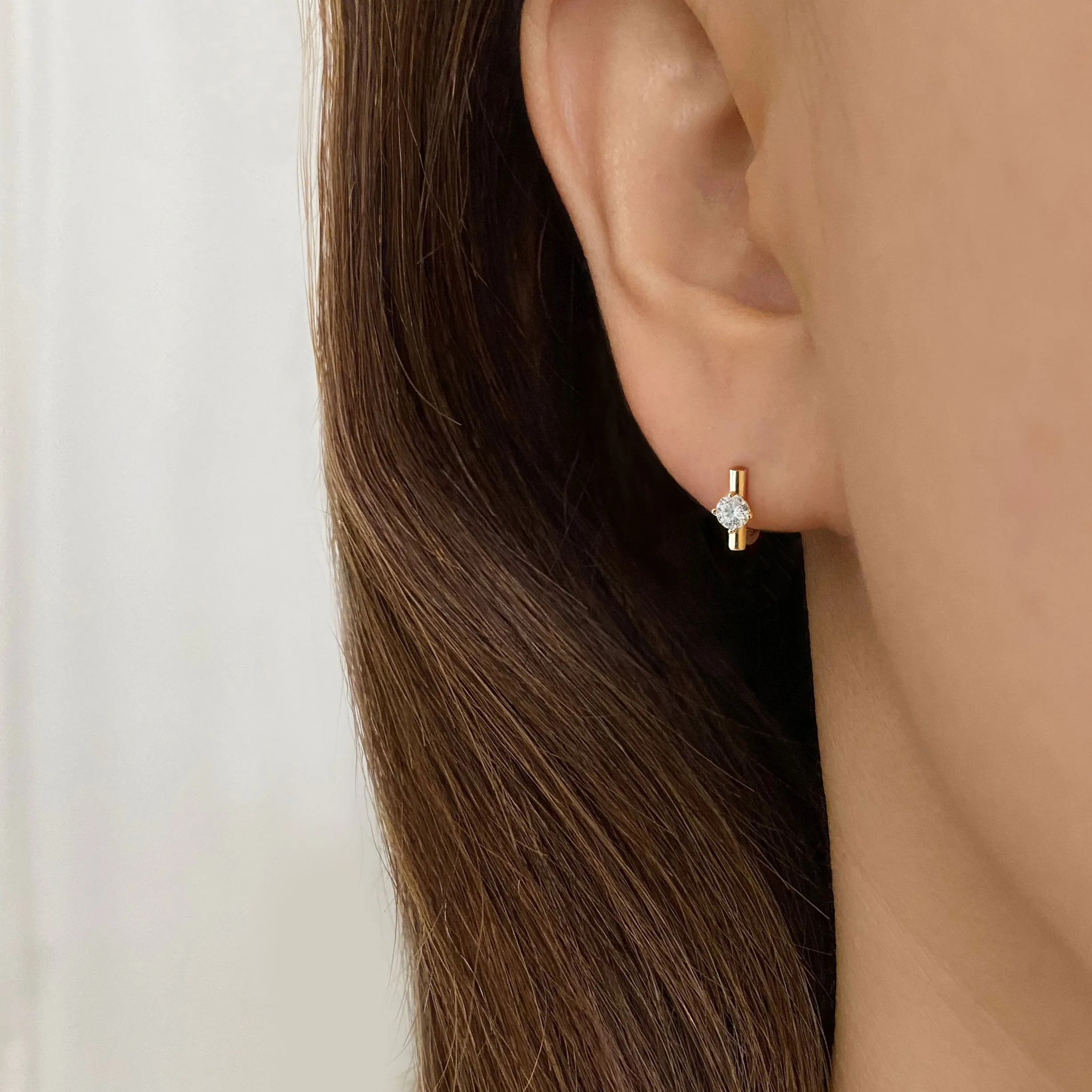 14k Solid Gold Small Single CZ Bar Hoop Earring