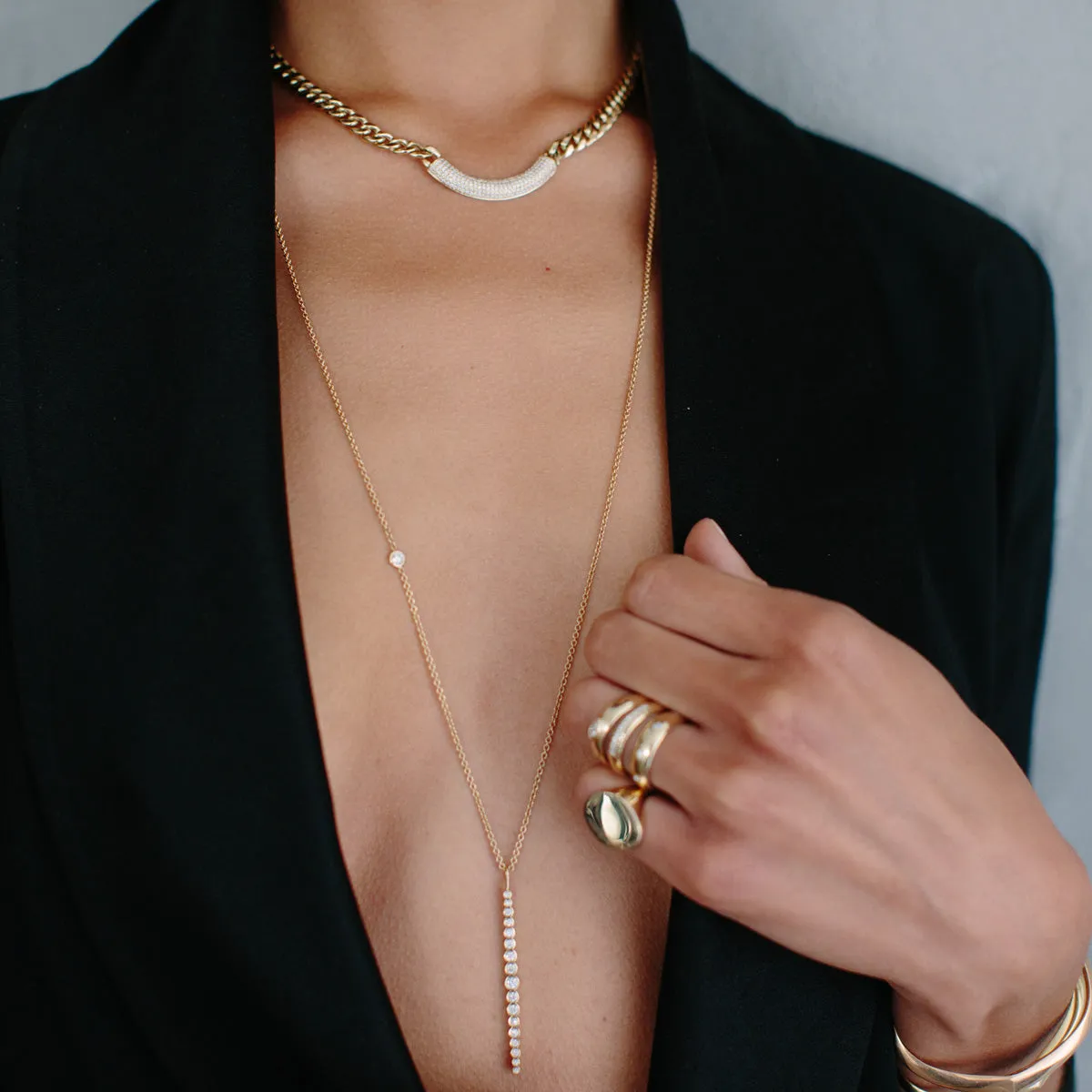 14k Vertical Graduated Diamond Bar Necklace with Floating Diamond - SALE