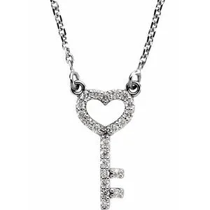14K White 1/8 CTW Diamond Petite Heart Key 16.5" Necklace
