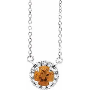 14K White 4.5 mm Natural Citrine & .05 CTW Natural Diamond 16" Necklace