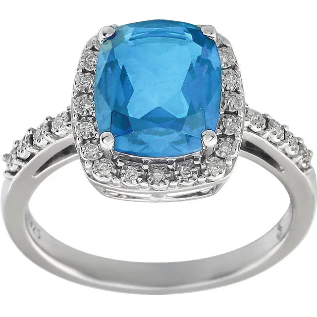 14k White Gold 10x8 Cushion Swiss Blue Topaz & Diamond Halo Ring